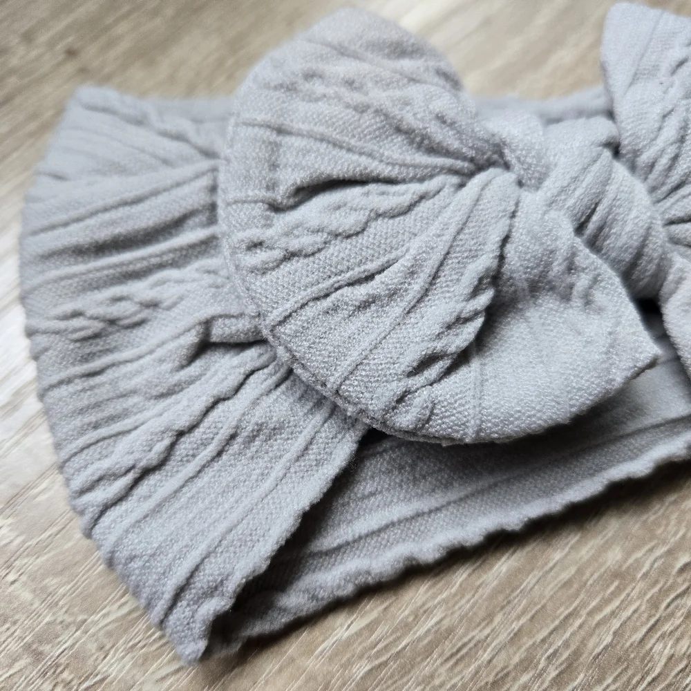 Cable Knit Baby Girl Headband Large Bow Light Gray Elastic Newborn Head Wrap